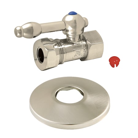 Kingston Brass 1/2" FIP X 1/2" or 7/16" Slip Joint Quarter-Turn Straight Stop Valve with Flange, Brushed Nickel CC44158KLK